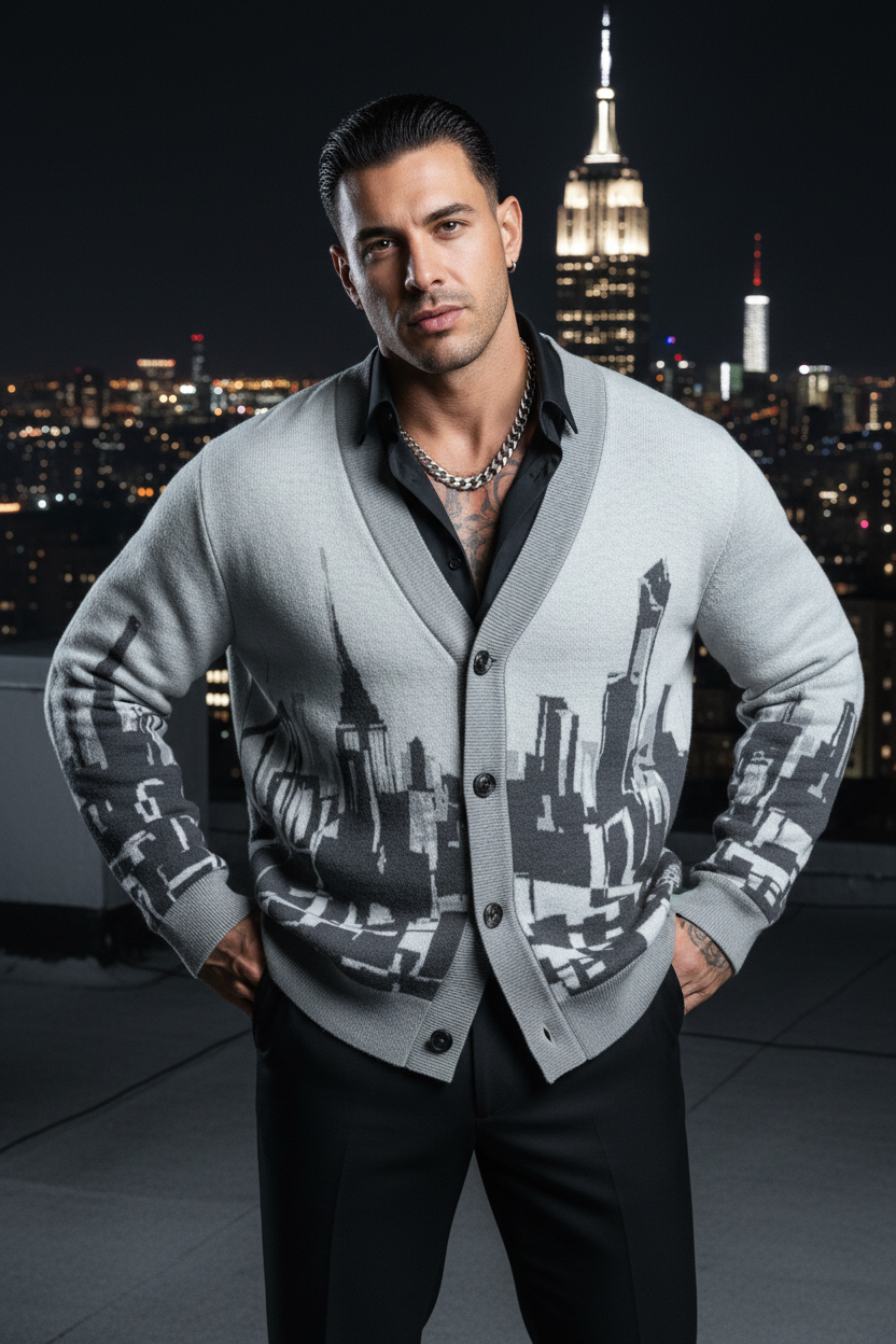Man wearing a stylish Loria NYC ART cardigan with cityscape design against a night skyline.