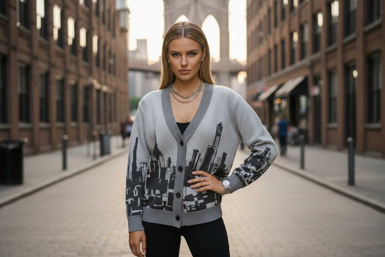 Woman wearing a Loria NYC Art cardigan with cityscape design on a street.