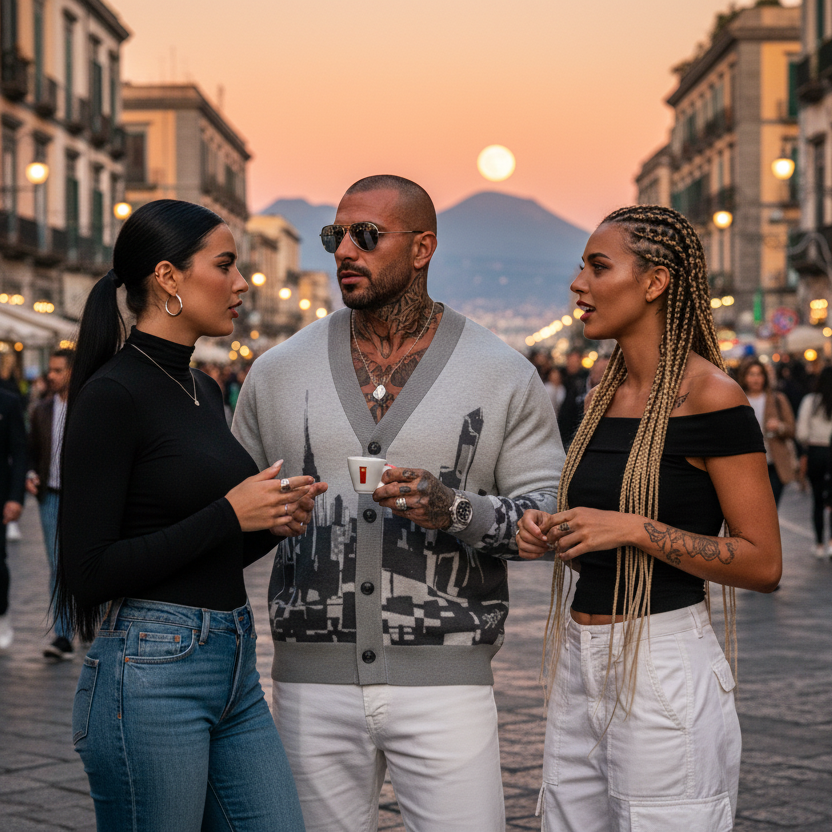 Man wearing Loria NYC Art cardigan standing on a street at sunset with mountains in the background