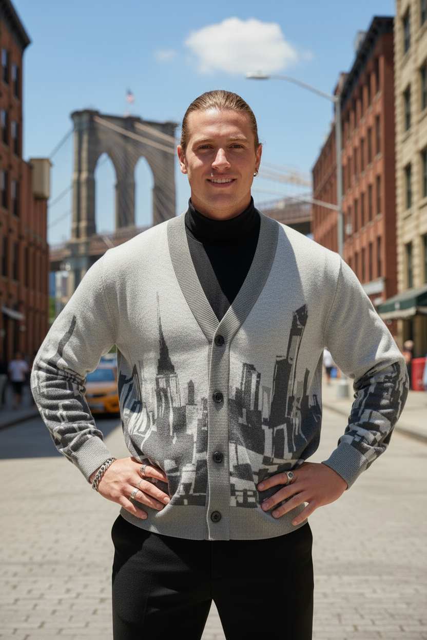 Man wearing a cityscape Loria NYC Art cardigan standing on a street with the Brooklyn Bridge in the background.