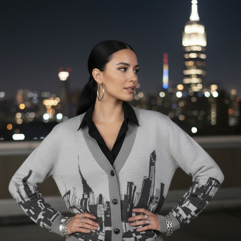 Woman wearing a Loria NYC Art cardigan with cityscape design against a night skyline.