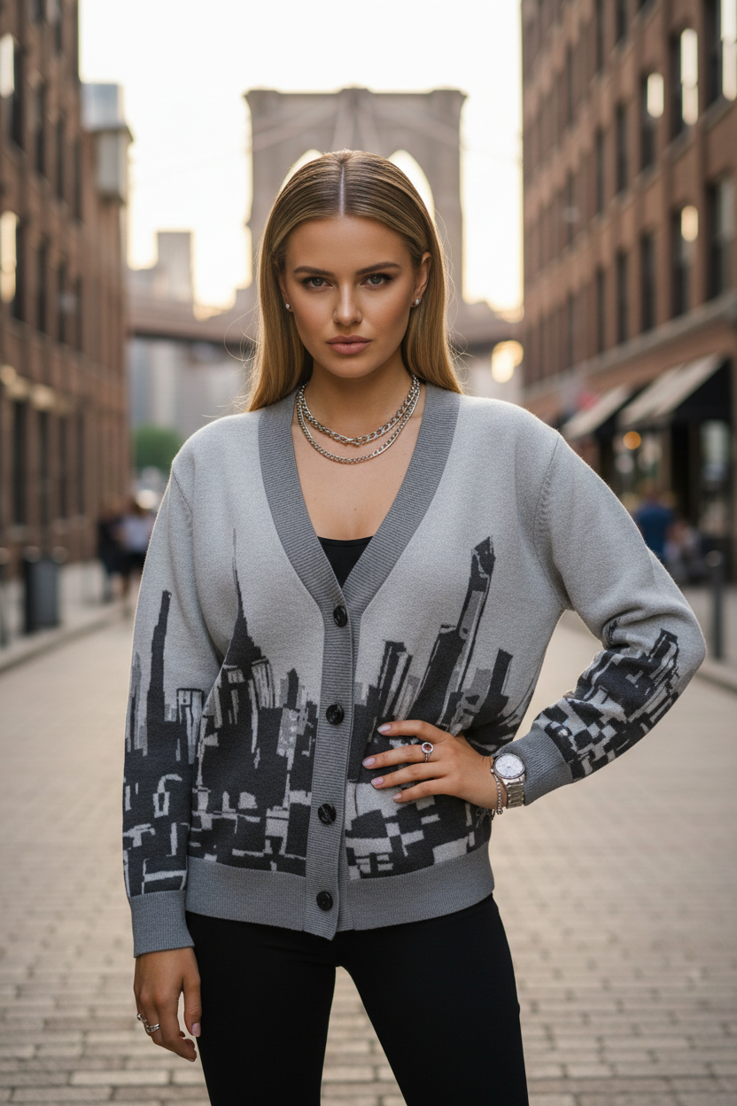 Woman wearing a gray Loria NYC Art cardigan with cityscape design on a city street.