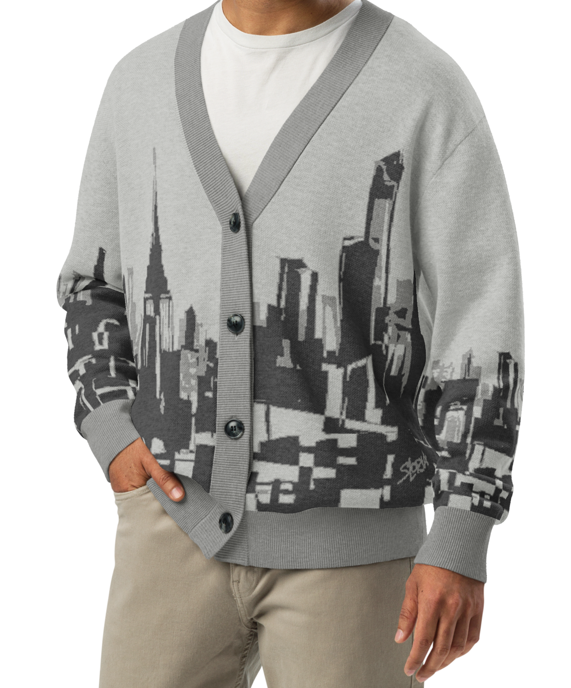 Man wearing a gray cardigan with Loria NYC Art cityscape design on a white background