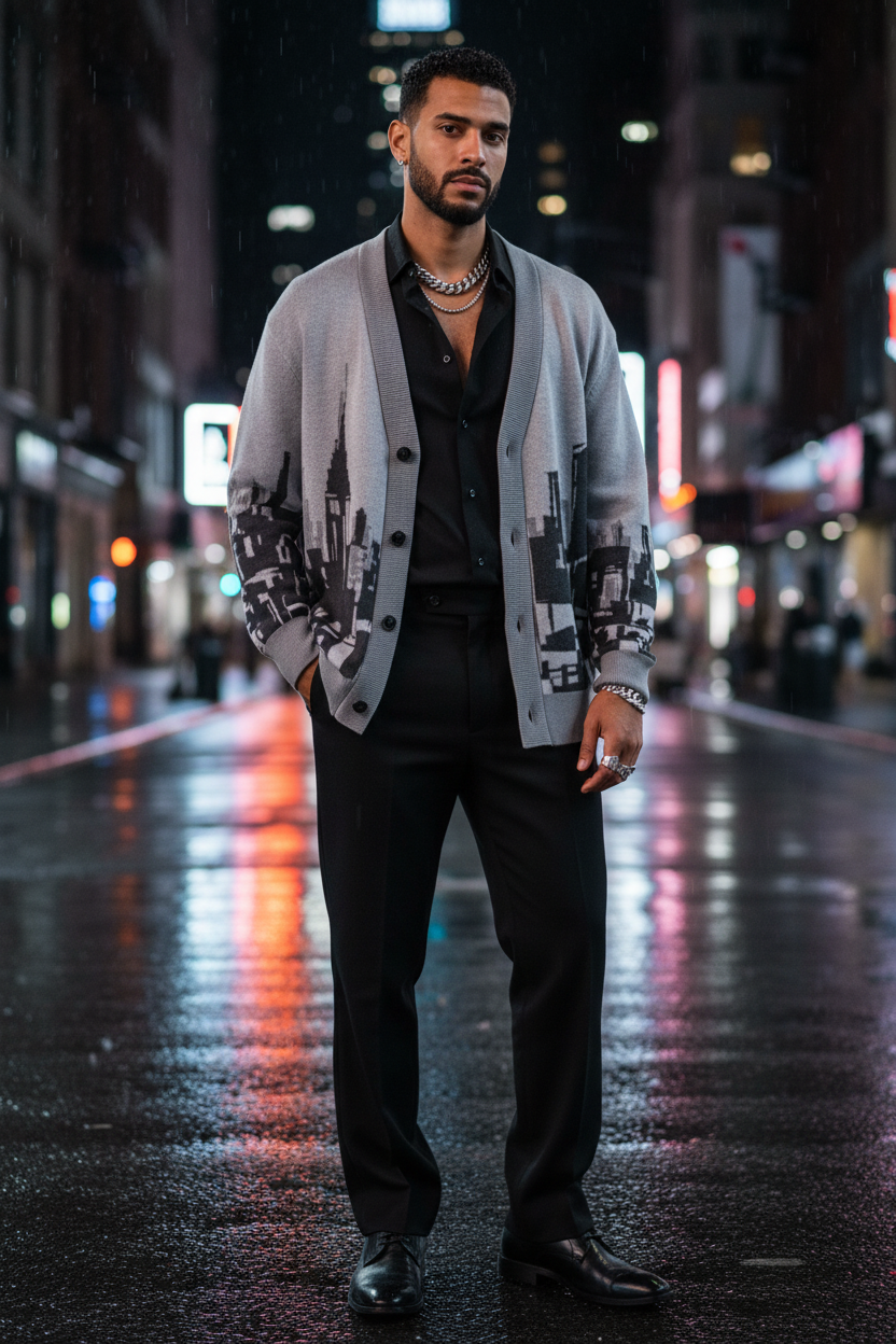 Man wearing a patterned Loria NYC Art cardigan over a black shirt and pants on a city street at night.