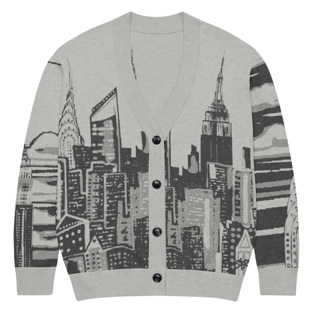 Gray cardigan with cityscape Loria NYC Art design on a white background