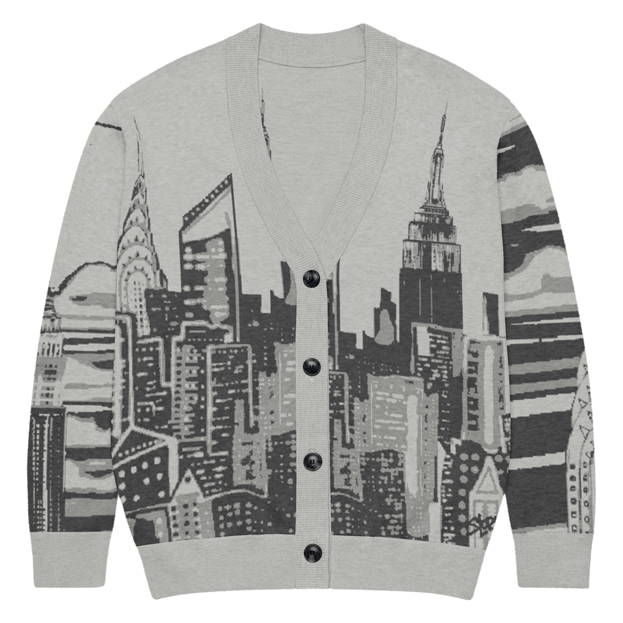 Gray cardigan with cityscape Loria NYC Art design on a white background