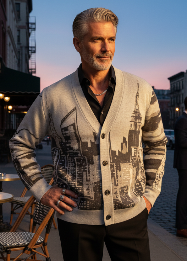 Man wearing a Loria NYC Art knit cardigan in an outside setting.
