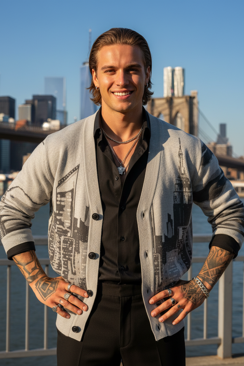 Man wearing a Loria NYC Art cardigan with a cityscape in the background