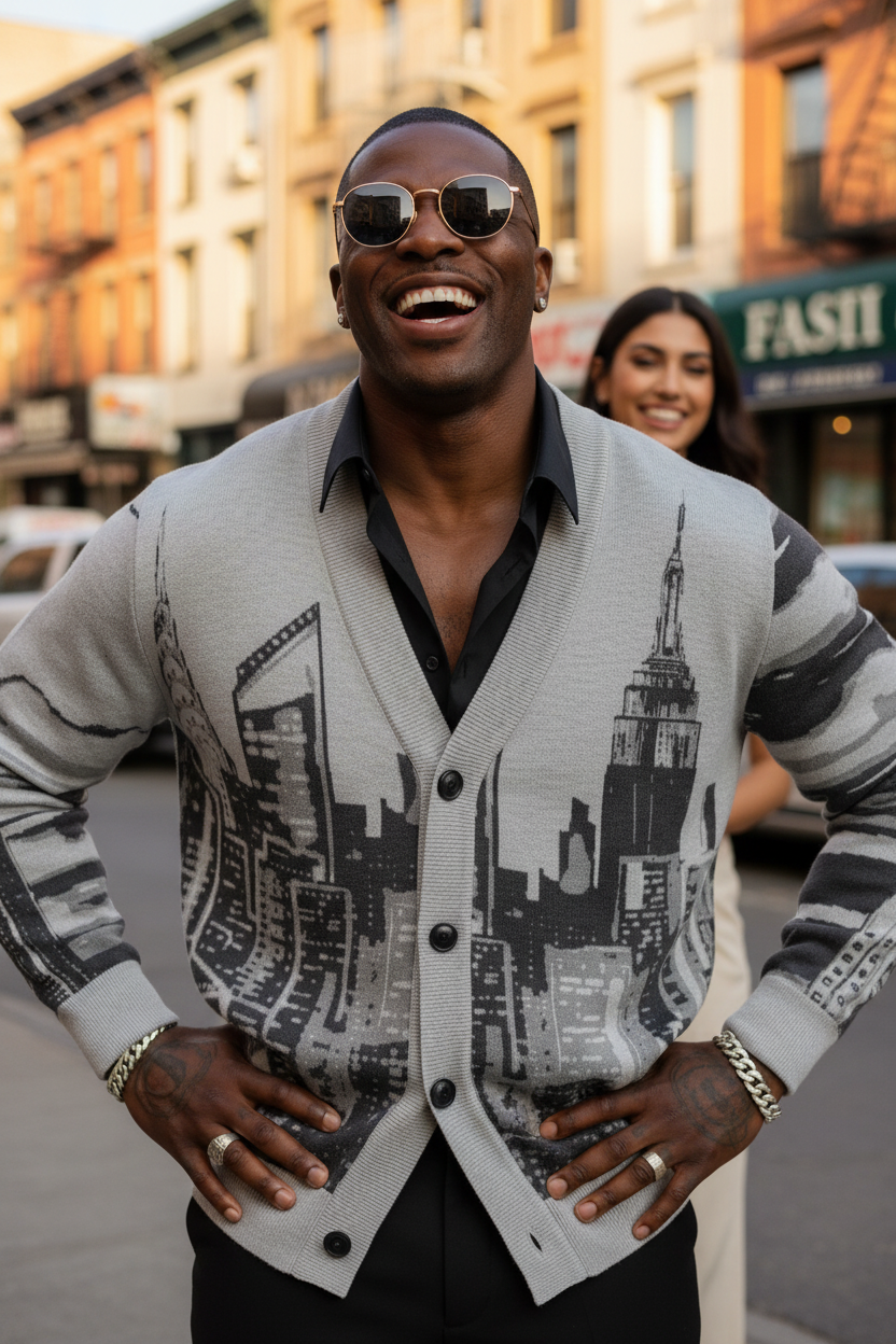 A man wearing a gray knit cardigan with a black and white Loria NYC Art skyline, styled over a black collared shirt and sunglasses, standing on a city street with a woman blurred in the background.