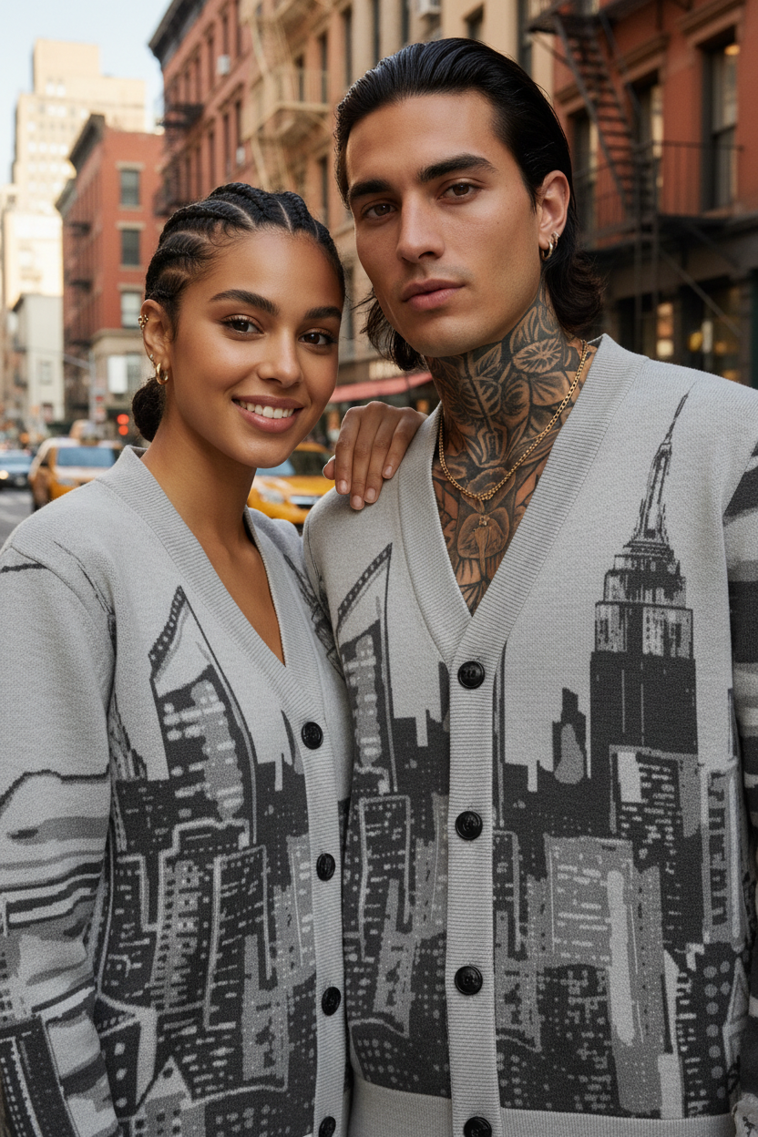 Two people wearing cardigans with cityscape Loria NYC Art designs in an urban setting.