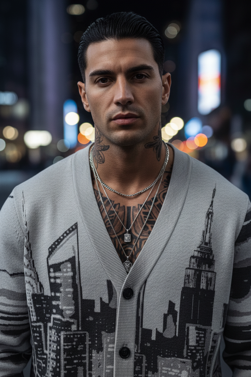 Man wearing a Loria NYC Art cityscape cardigan with a blurred city street background
