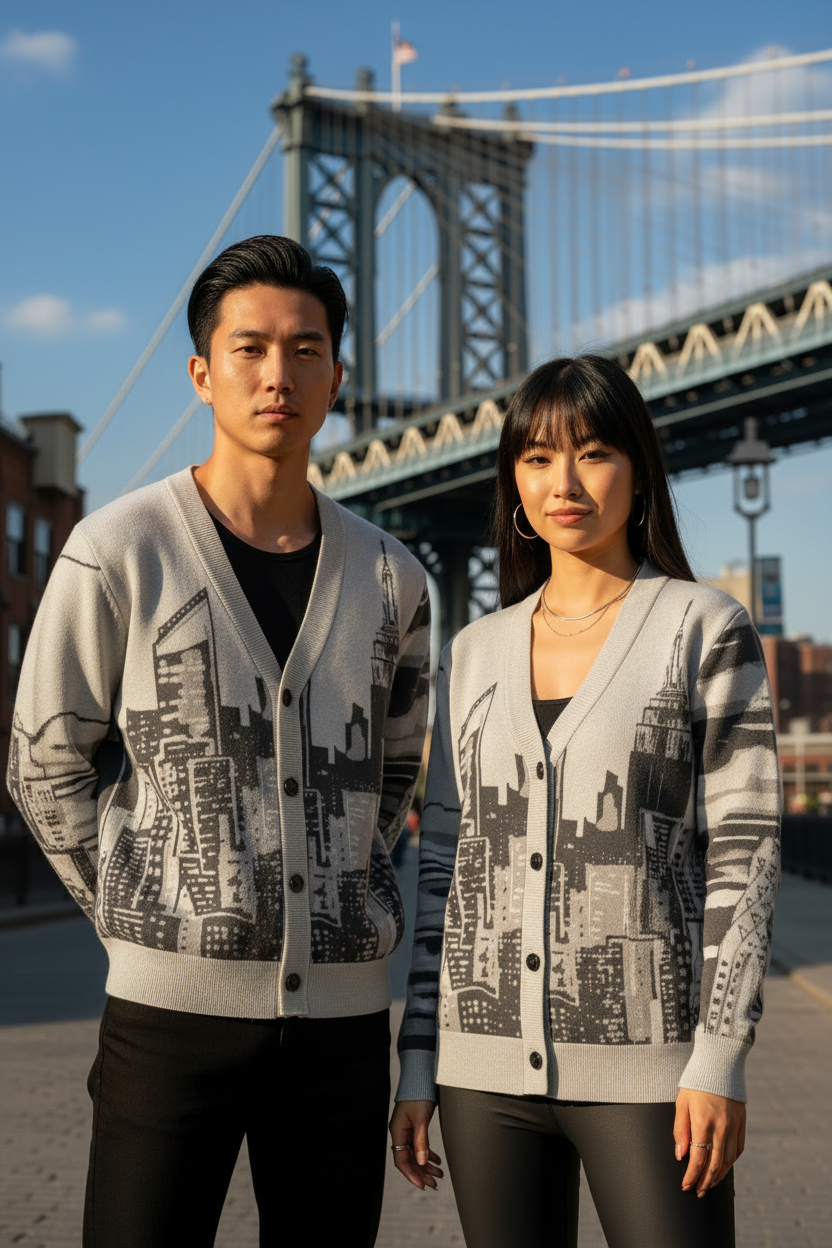 Two people wearing matching cardigans with cityscape Loria NYC Art design in front of a bridge.
