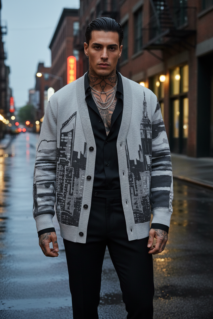 Man wearing a Loria NYC Art cardigan on a city street at dusk.