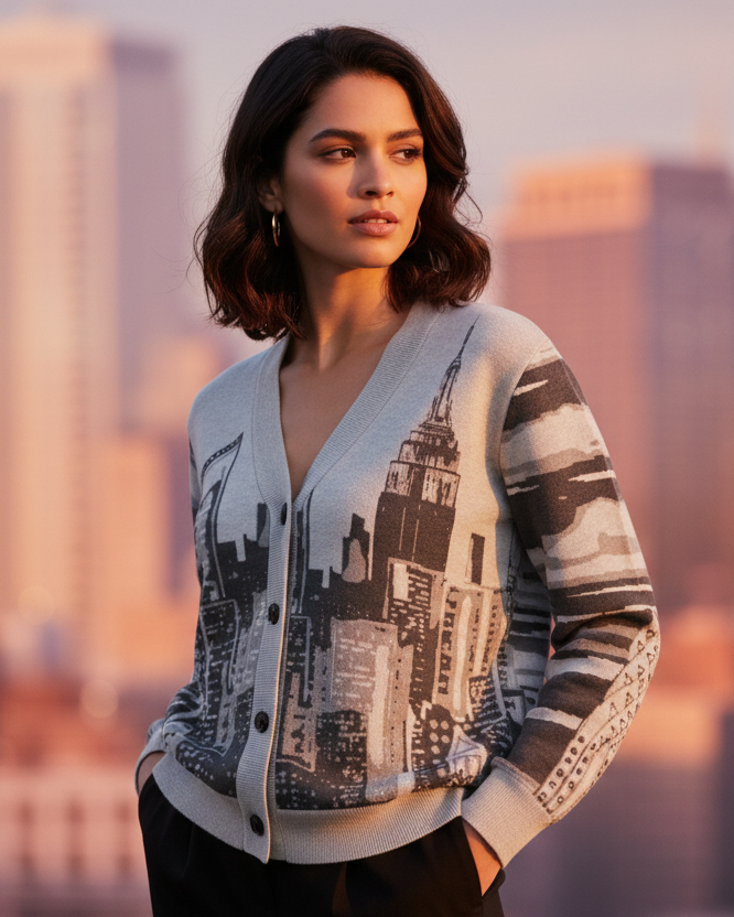 Woman wearing a Loria NYC Art cardigan with a city skyline in the background