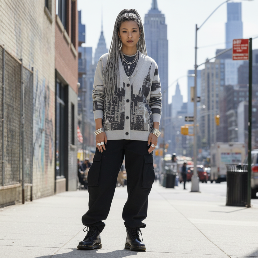 Person wearing a Loria NYC Art cardigan on a city street with tall buildings in the background