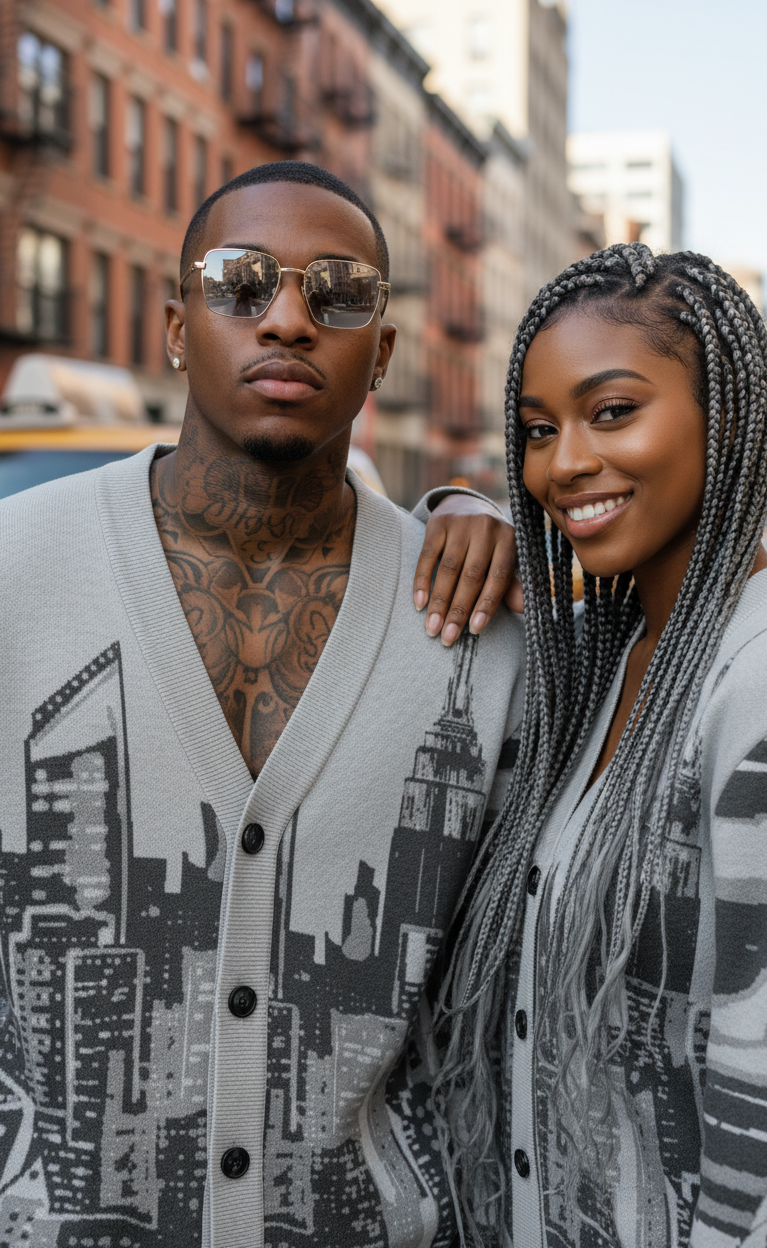 Two people standing together on a city street, wearing matching gray Loria NYC Art cardigans with cityscape designs.