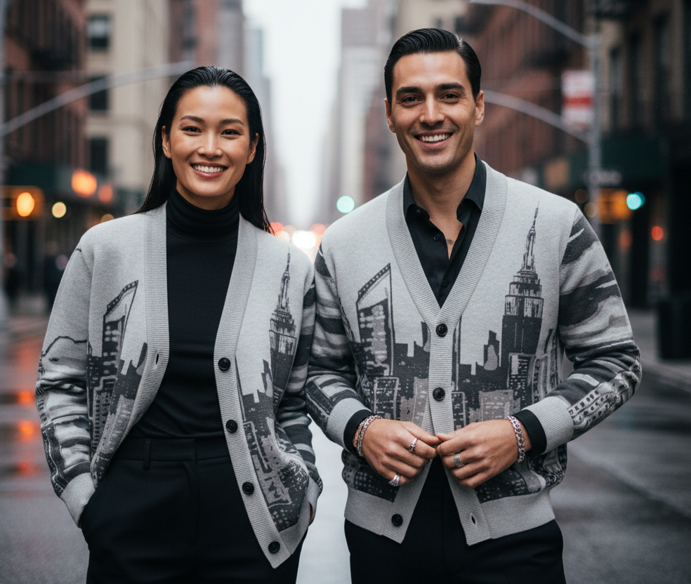 Two people wearing matching Loria NYC Art cardigans with cityscape designs on a city street.