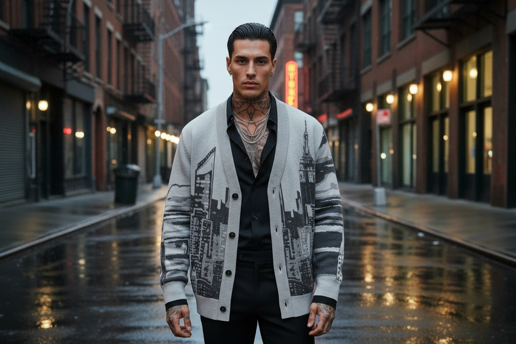 Man wearing a Loria NYC Art cardigan on a city street