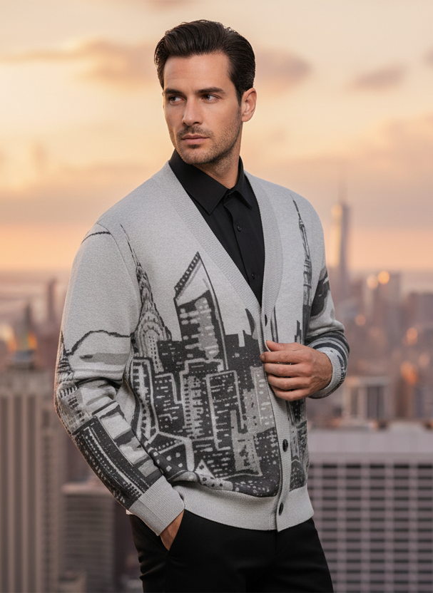Man wearing a Loria NYC Art cardigan with a cityscape background
