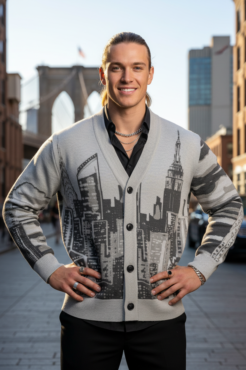 Man wearing a cityscape Loria NYC Art cardigan with a bridge and buildings in the background