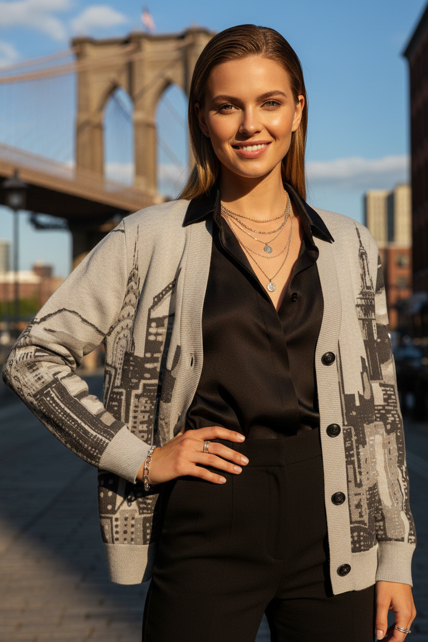 Woman standing in front of the Brooklyn Bridge wearing a Loria NYC Art cardigan.
