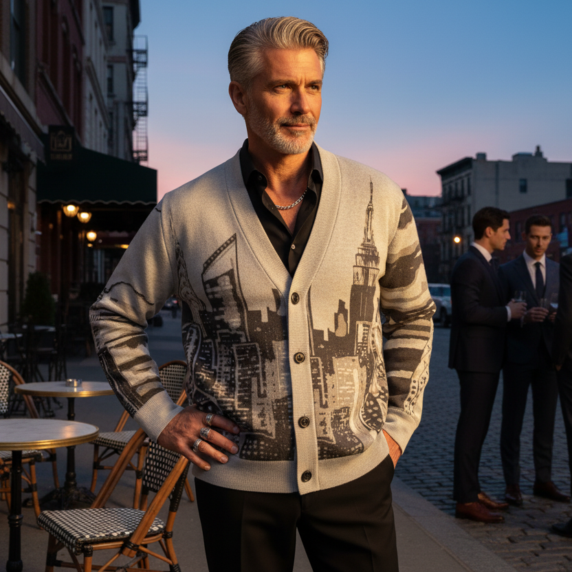 Man wearing a Loria NYC Art cardigan in an outside night time setting.