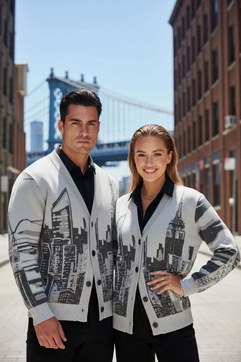 Two people wearing matching Loria NYC Art cityscape cardigans with a bridge in the background
