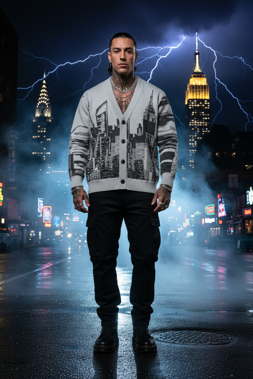 Man in a cityscape Loria NYC Art cardigan standing on a neon-lit street with lightning effects