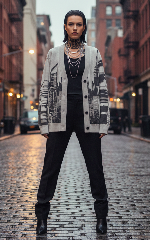 Person standing on a city street wearing a patterned Loria NYC Art cardigan and black pants.