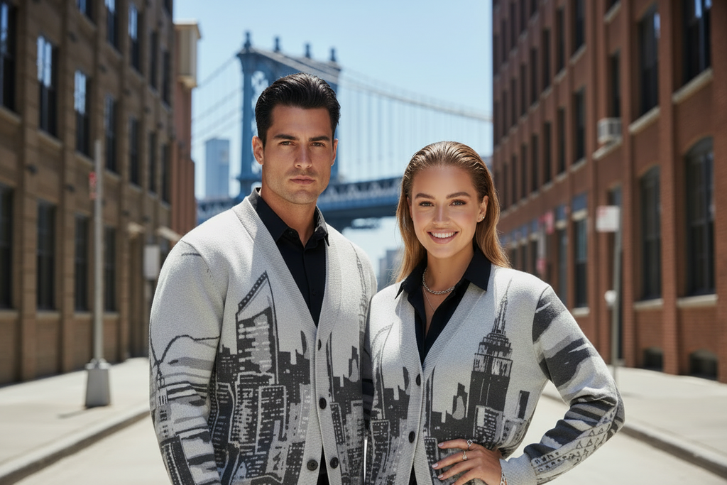 Two people wearing matching Loria NYC Art sweaters standing on a city street with a bridge in the background.