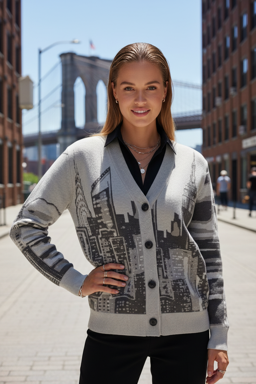Woman wearing a Loria NYC Art cardigan in an urban setting with a bridge in the background