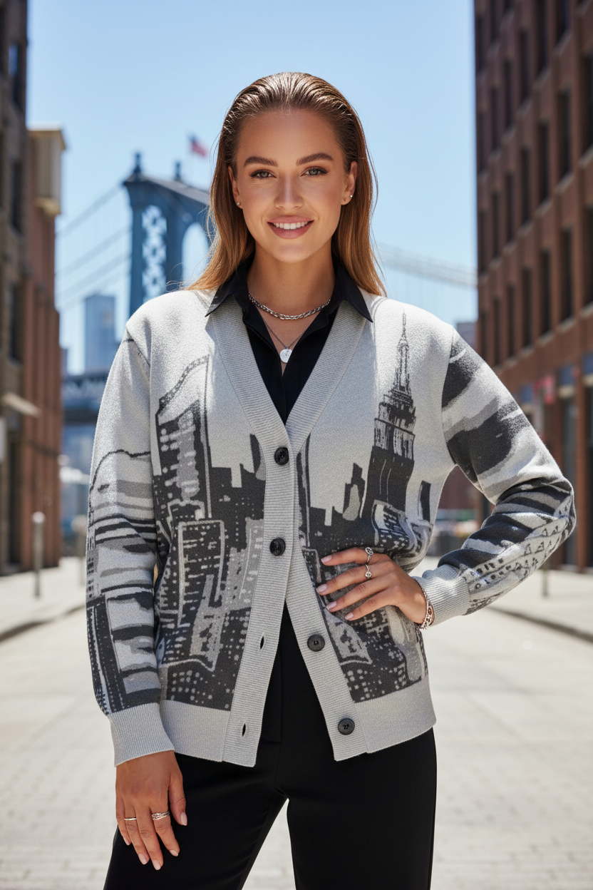 Woman wearing a Loria NYC Art cardigan with a city skyline design, standing in an urban setting with a bridge in the background.