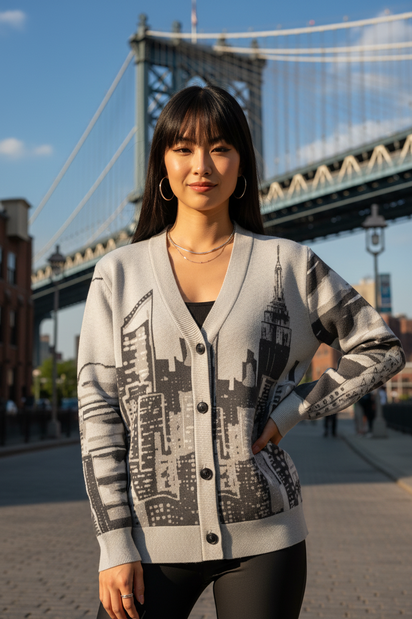 Woman wearing a Loria NYC Art cardigan with a bridge in the background
