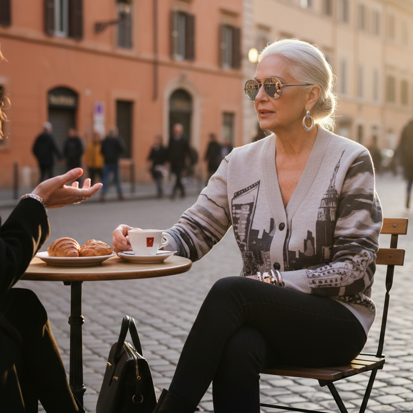 Woman wearing a grey Loria NYC Art cardigan sitting at a table in an urban setting, enjoying a cup of coffee.