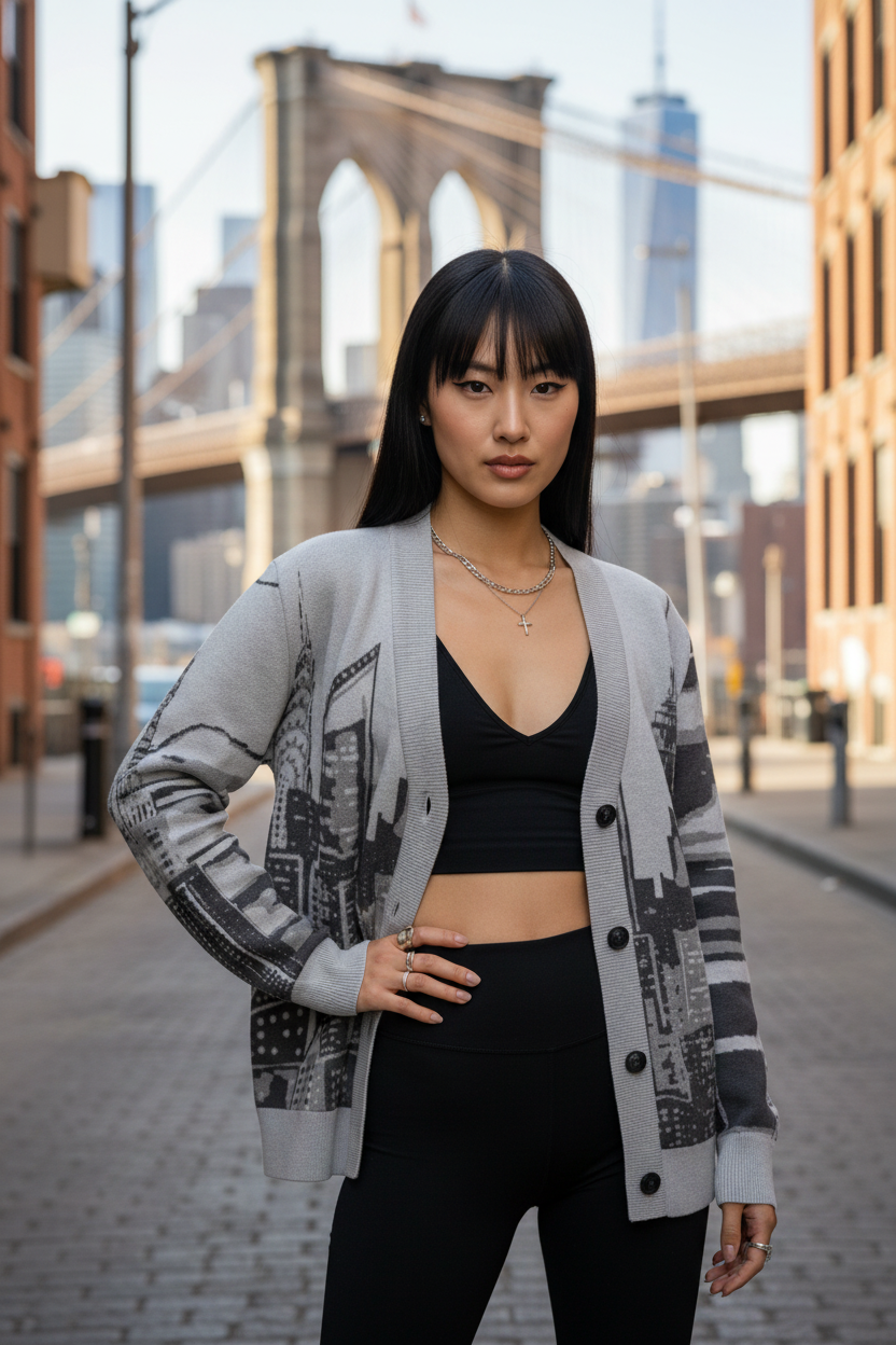 Woman wearing a Loria NYC Art cardigan and black leggings with a cityscape background