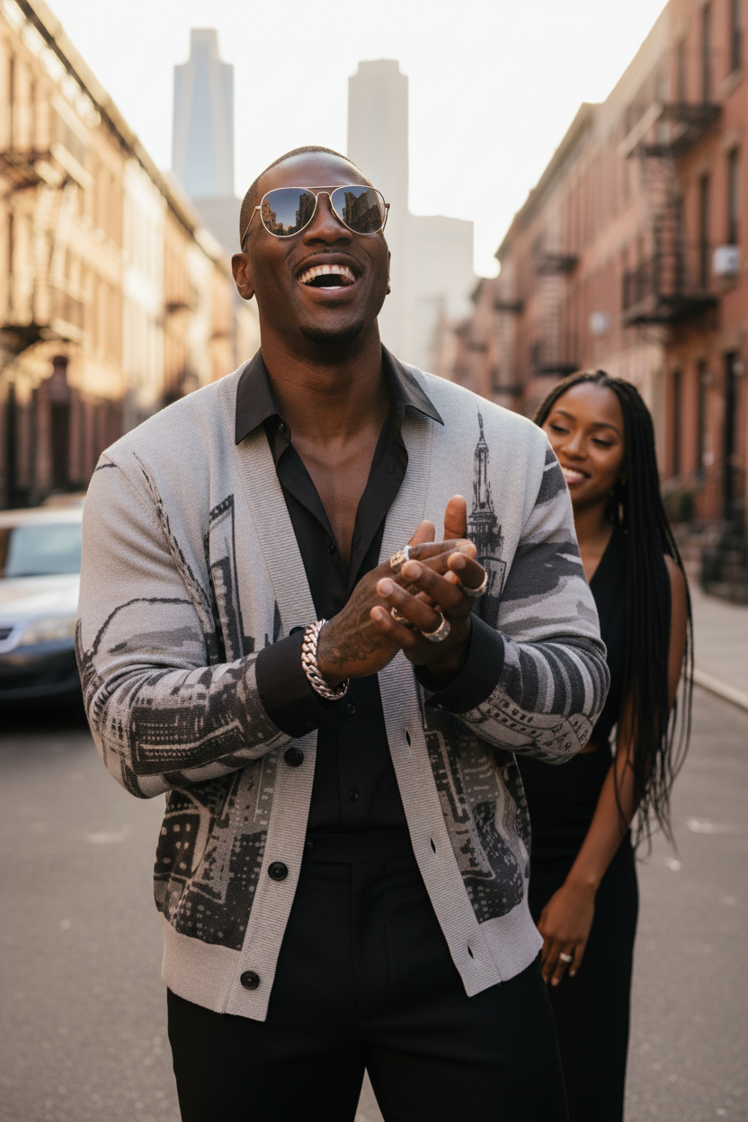 A man wearing a light gray and black cityscape-Loria NYC Art sweater, black shirt, and sunglasses stands on a city street with a woman in a black dress behind him.