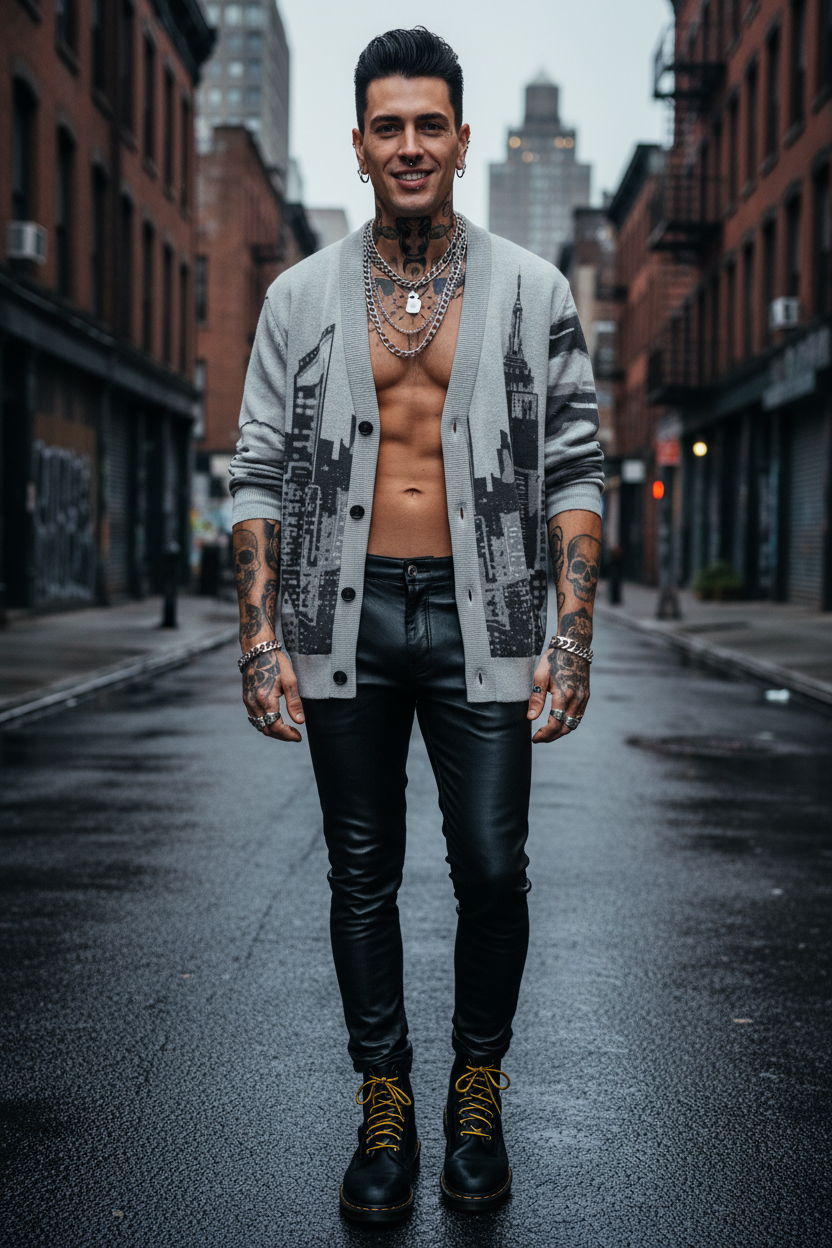 Man standing on a city street wearing a Loria NYC Art cardigan over a tank top, leather pants, and boots.