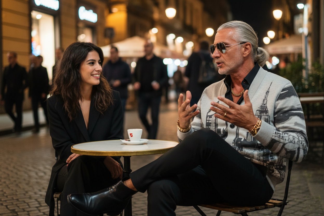 Man wearing grey Loria NYC Art cardigan sitting at a table in an outdoor setting, engaged in conversation.