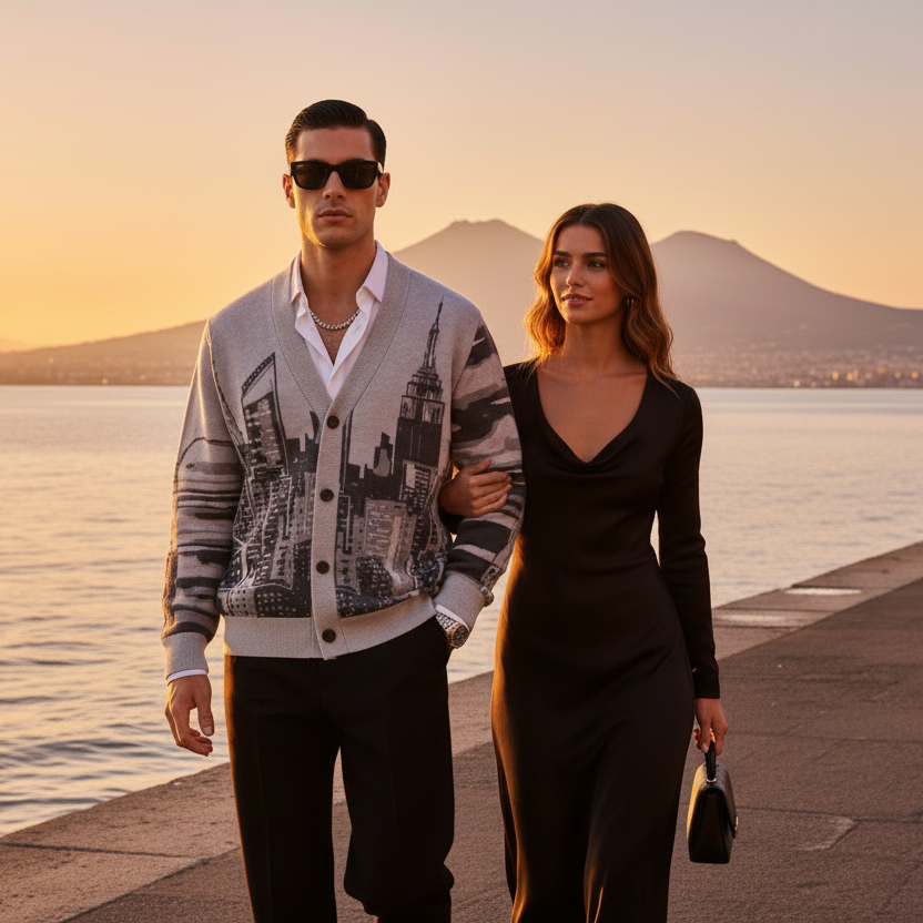 Man wearing a Loria NYC Art cardigan and woman walking along a waterfront promenade with Mount Vesuvius in the background.