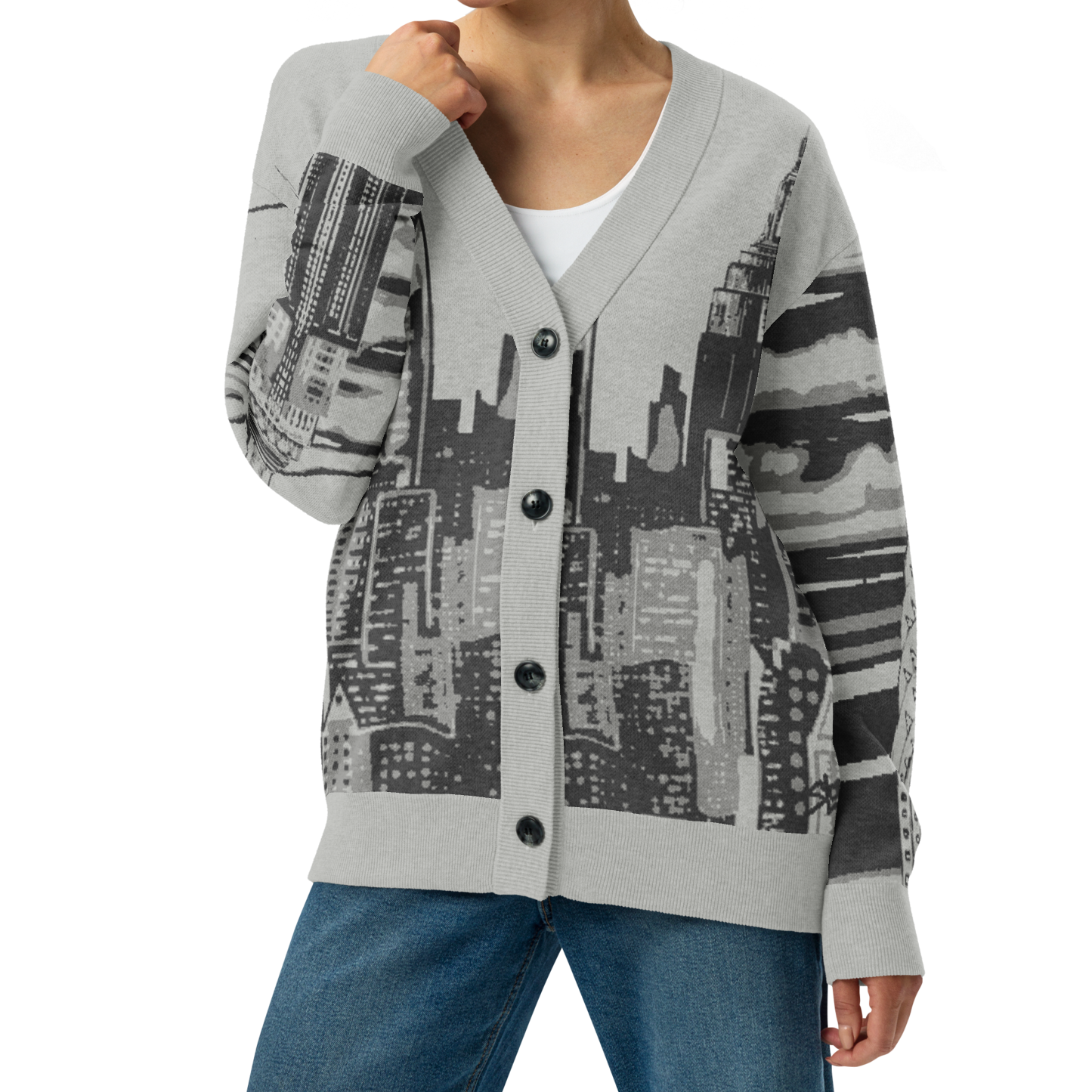 Woman wearing a gray cardigan with black Loria NYC Art on a white background