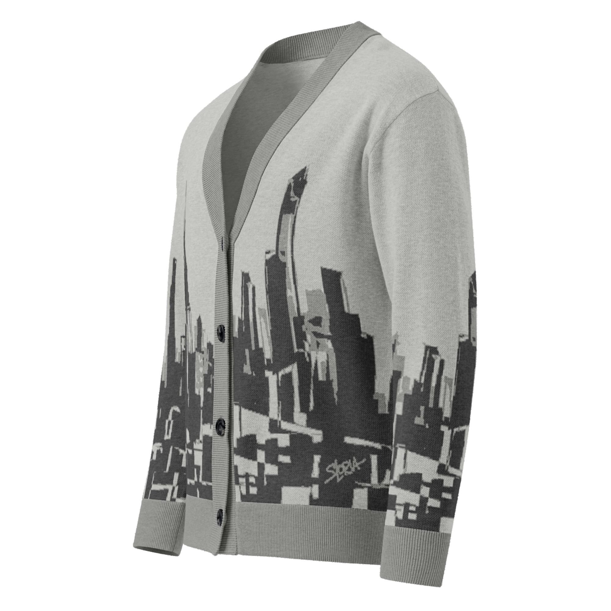 Gray cardigan with Loria NYC Art cityscape design on a white background
