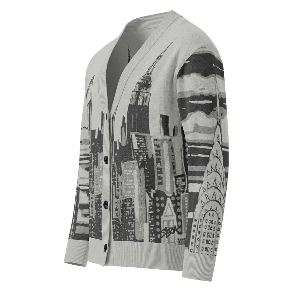Cardigan with cityscape Loria NYC Art design on a white background