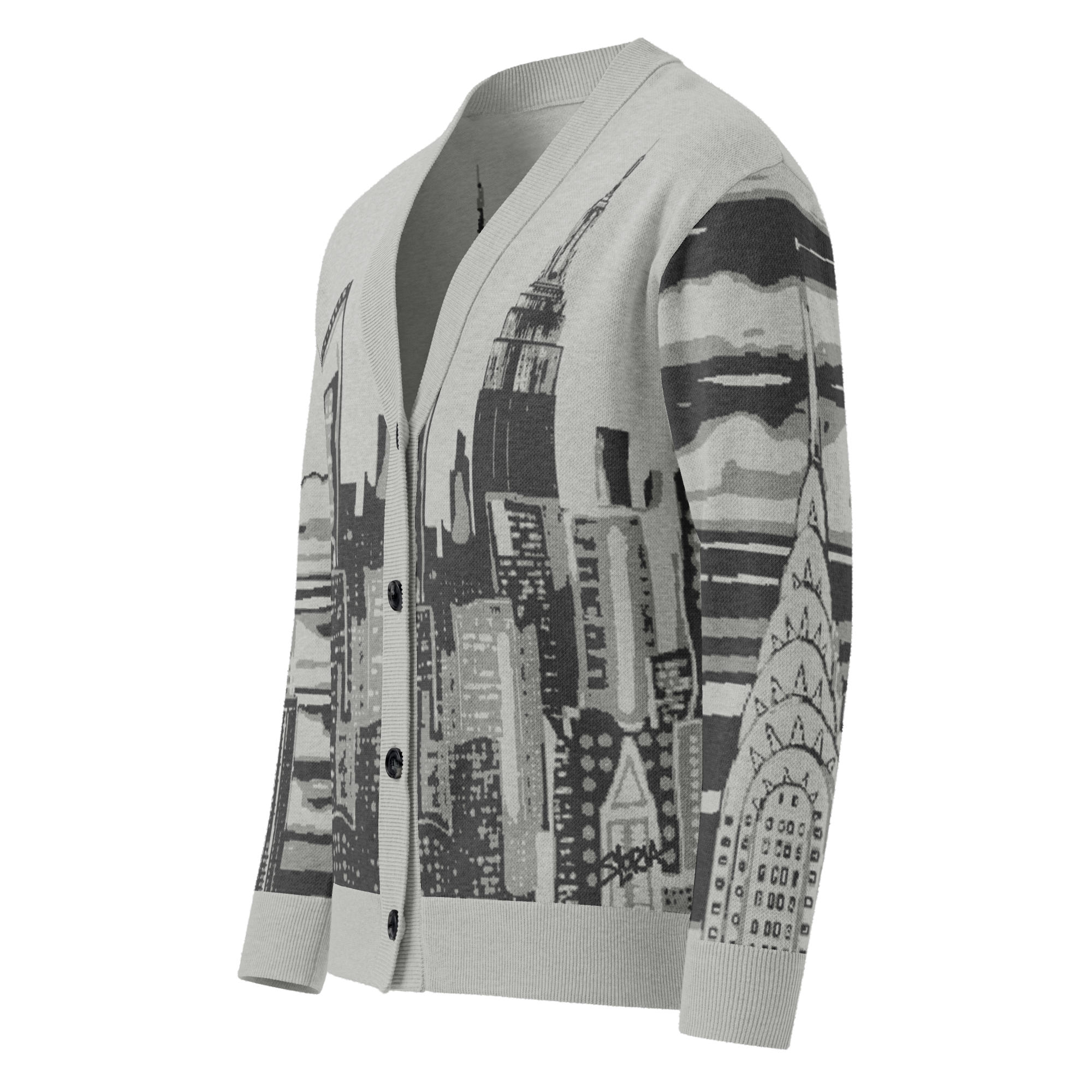 Cardigan with cityscape Loria NYC Art design on a white background