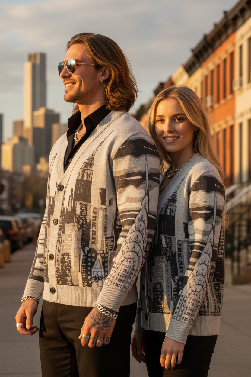 Two people wearing  Loria NYC Art cardigans standing on a city street with buildings in the background.