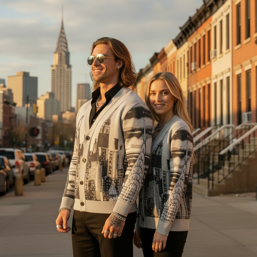 Two people in matching Loria NYC Art sweaters standing on a city street with tall buildings in the background.