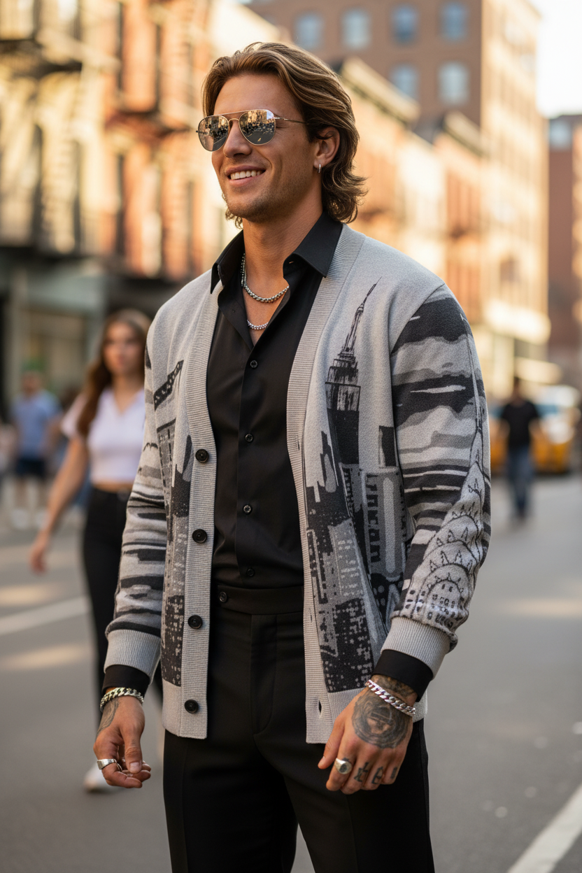 Man wearing a Loria NYC Art cardigan on a city street