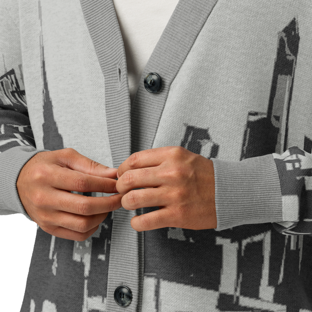 Person wearing a Loria NYC Art patterned cardigan with button details