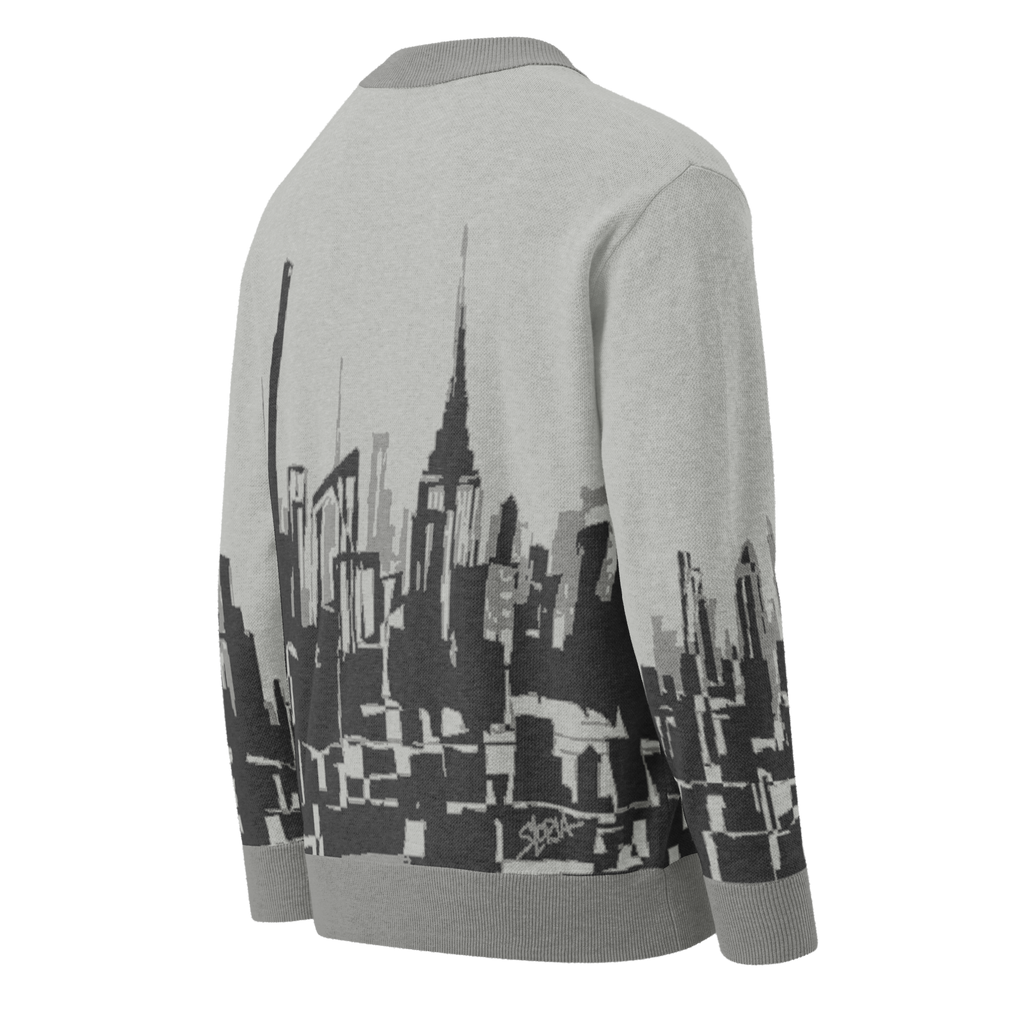 Gray sweater with cityscape Loria NYC Art design on a white background