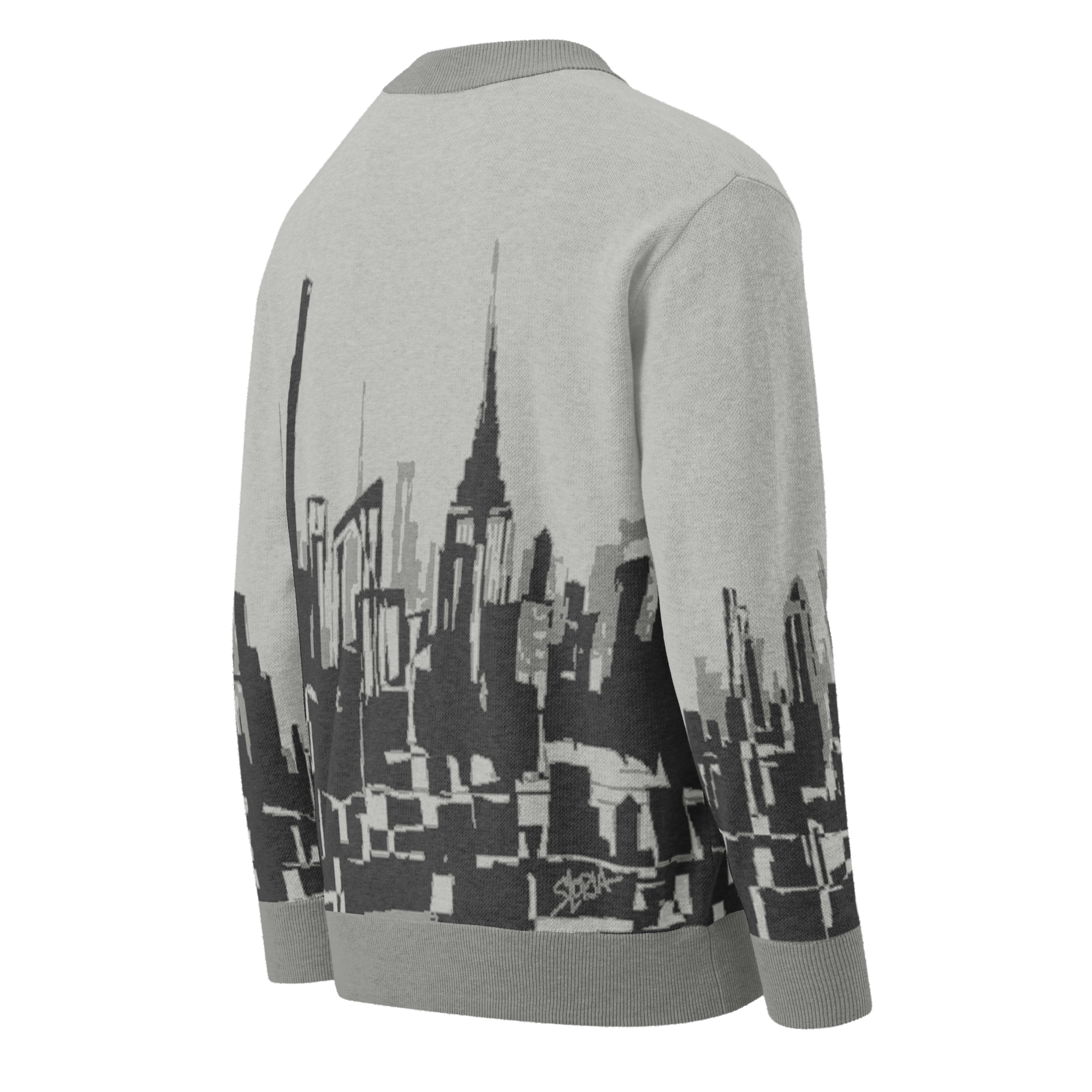 Gray sweater with cityscape Loria NYC Art design on a white background