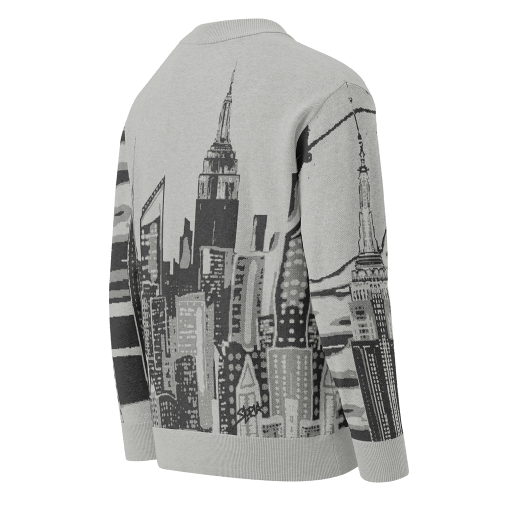 Gray sweater with cityscape Loria NYC Art design on a white background